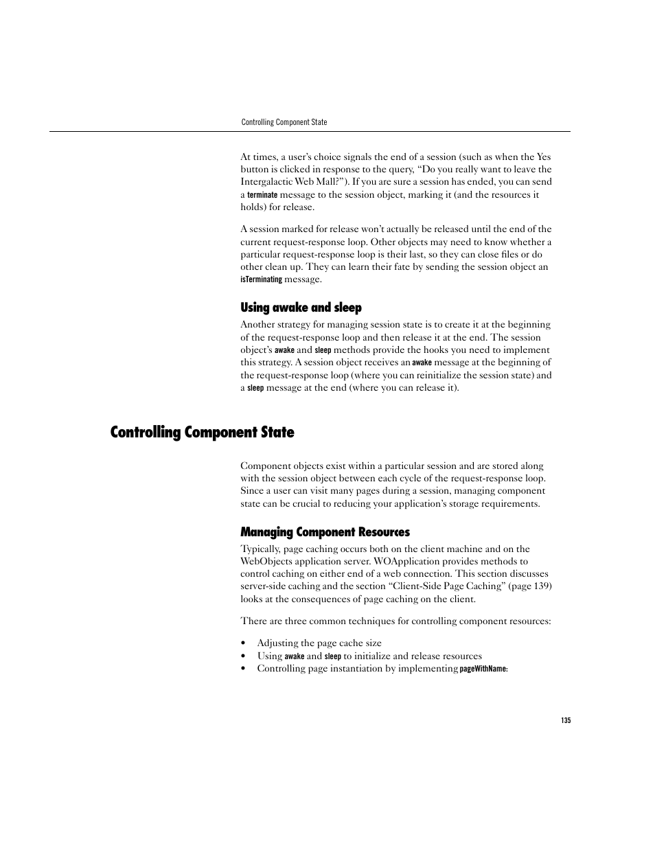 Controlling component state, Using awake and sleep, Managing component resources | Apple WebObjects 3.5 User Manual | Page 135 / 218