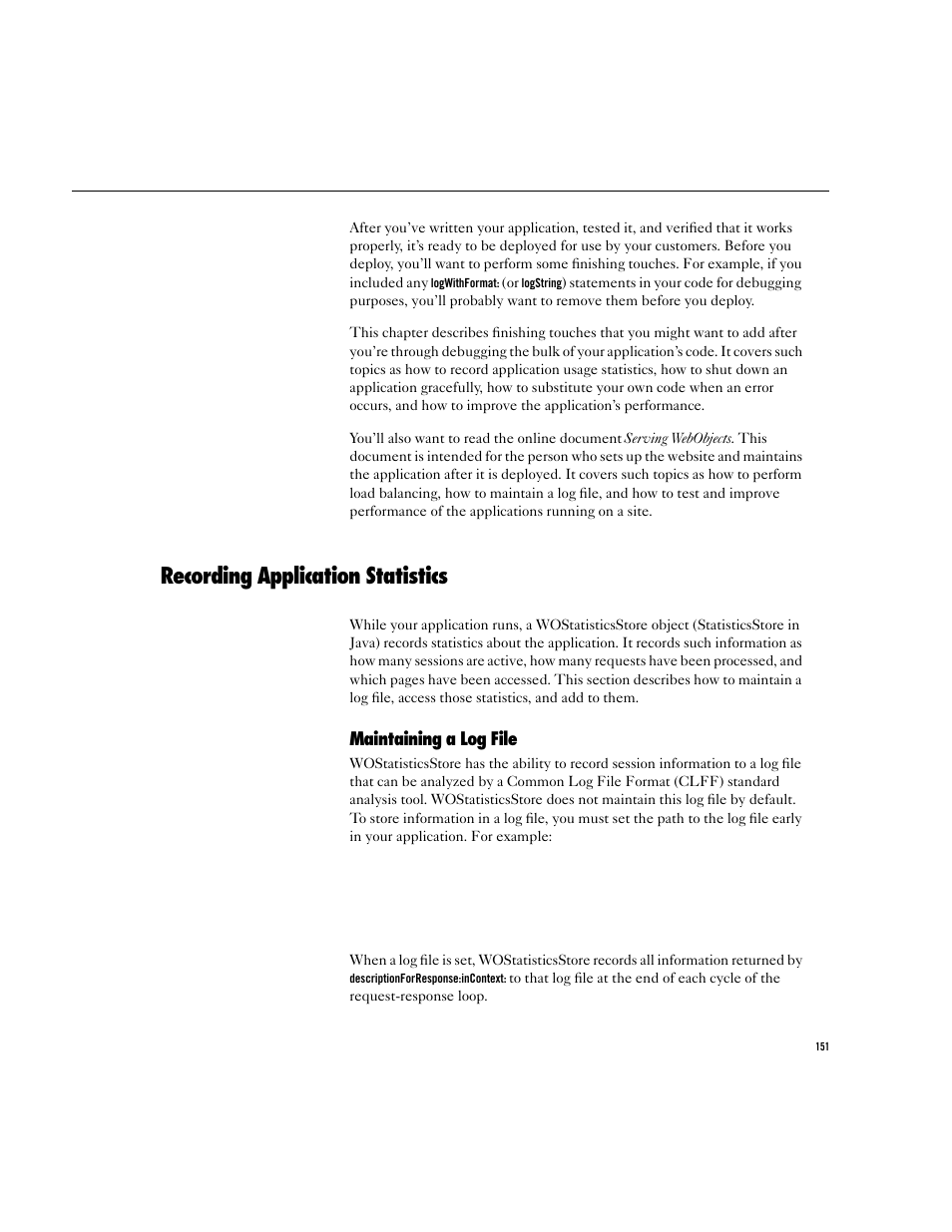 Recording application statistics, Maintaining a log file | Apple WebObjects 3.5 User Manual | Page 151 / 218