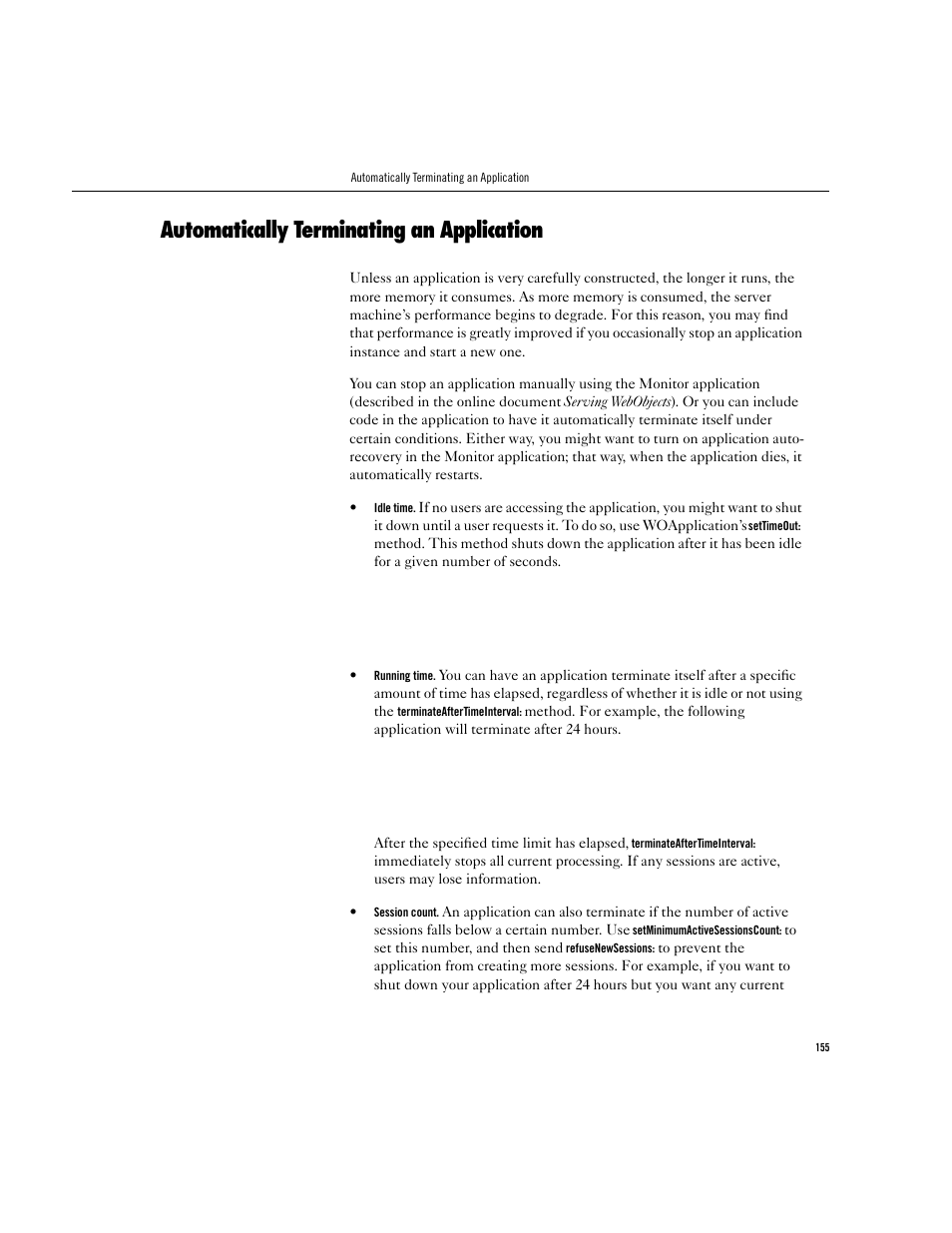 Automatically terminating an application | Apple WebObjects 3.5 User Manual | Page 155 / 218