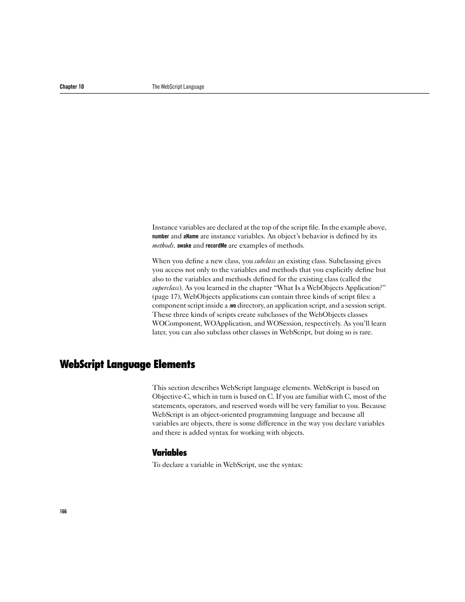 Webscript language elements, Variables | Apple WebObjects 3.5 User Manual | Page 166 / 218