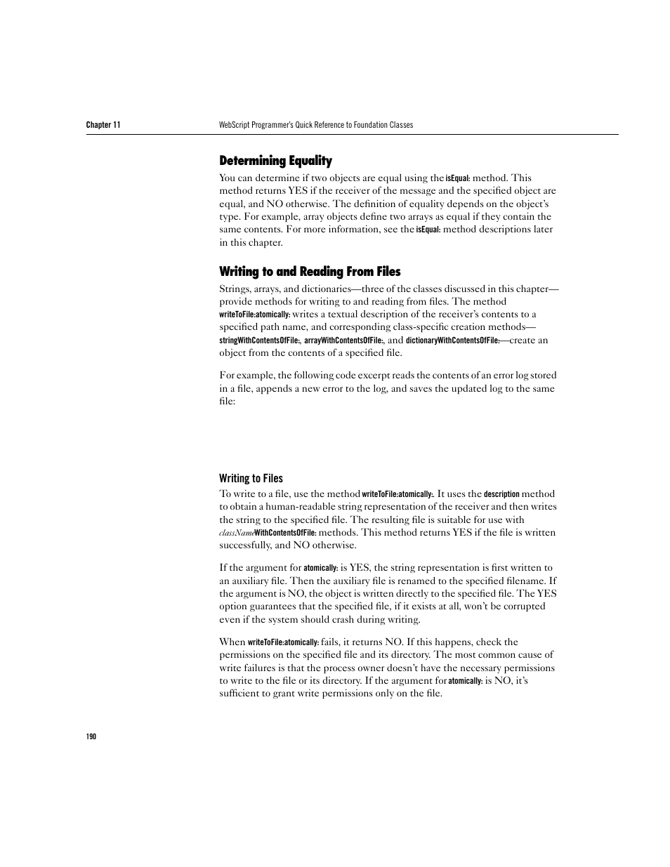 Determining equality, Writing to and reading from files | Apple WebObjects 3.5 User Manual | Page 190 / 218