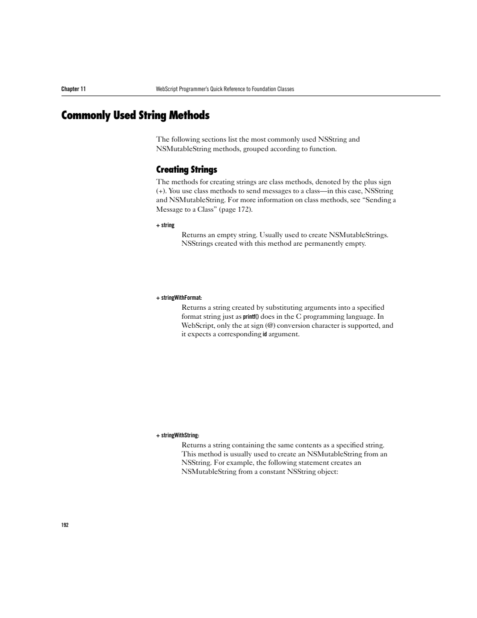 Commonly used string methods, Creating strings | Apple WebObjects 3.5 User Manual | Page 192 / 218