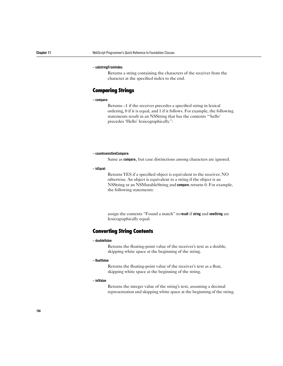 Comparing strings, Converting string contents | Apple WebObjects 3.5 User Manual | Page 194 / 218