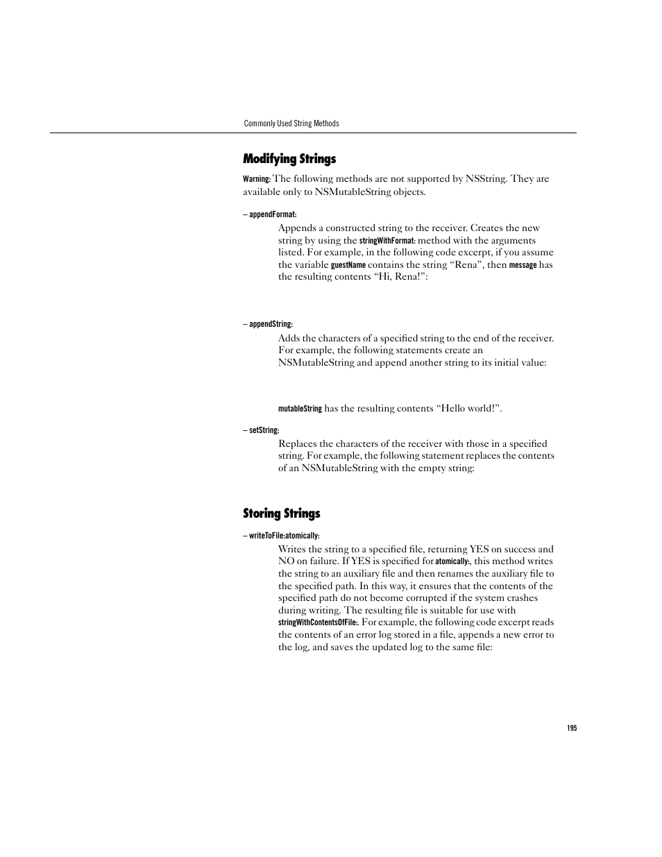 Modifying strings, Storing strings | Apple WebObjects 3.5 User Manual | Page 195 / 218