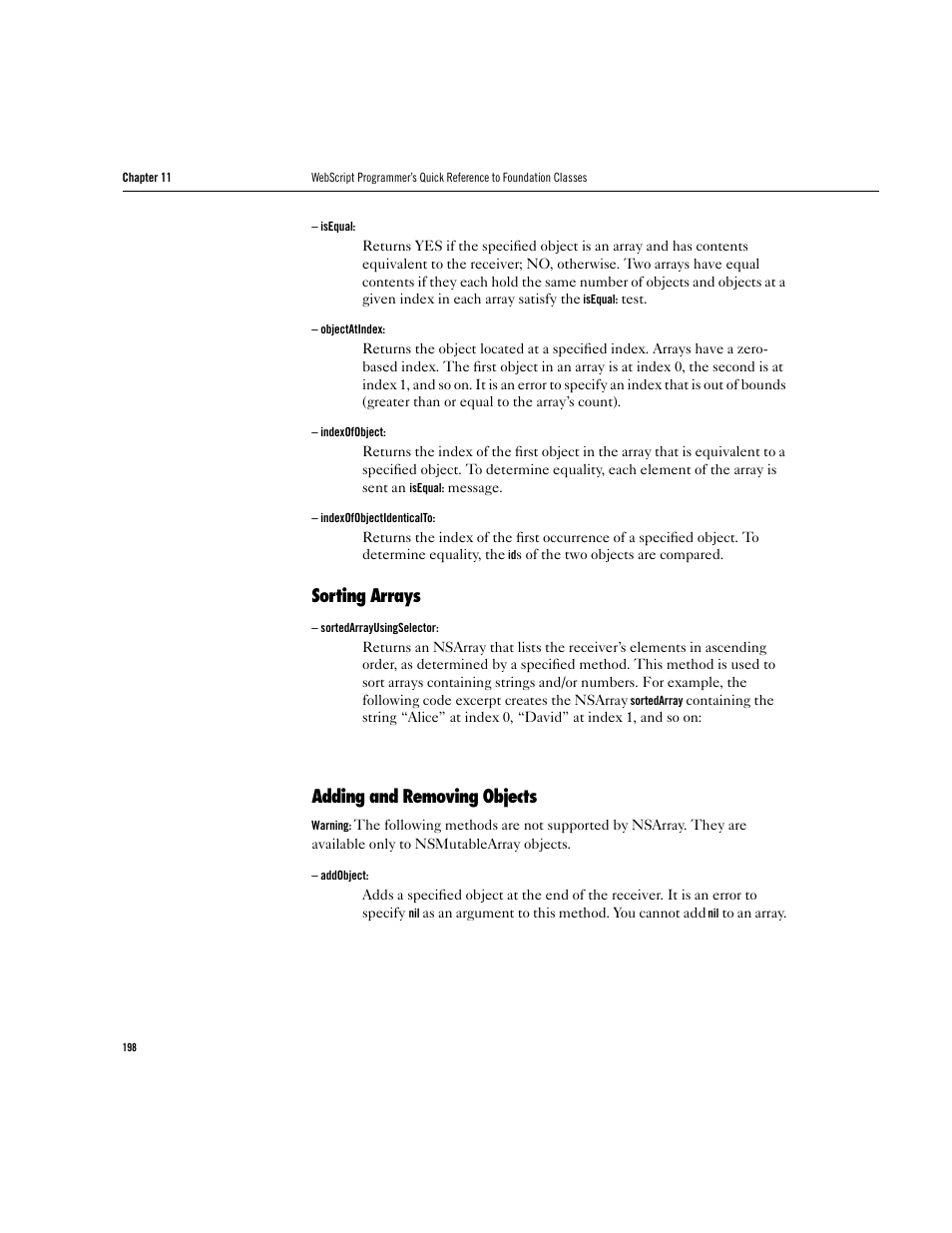 Sorting arrays, Adding and removing objects | Apple WebObjects 3.5 User Manual | Page 198 / 218