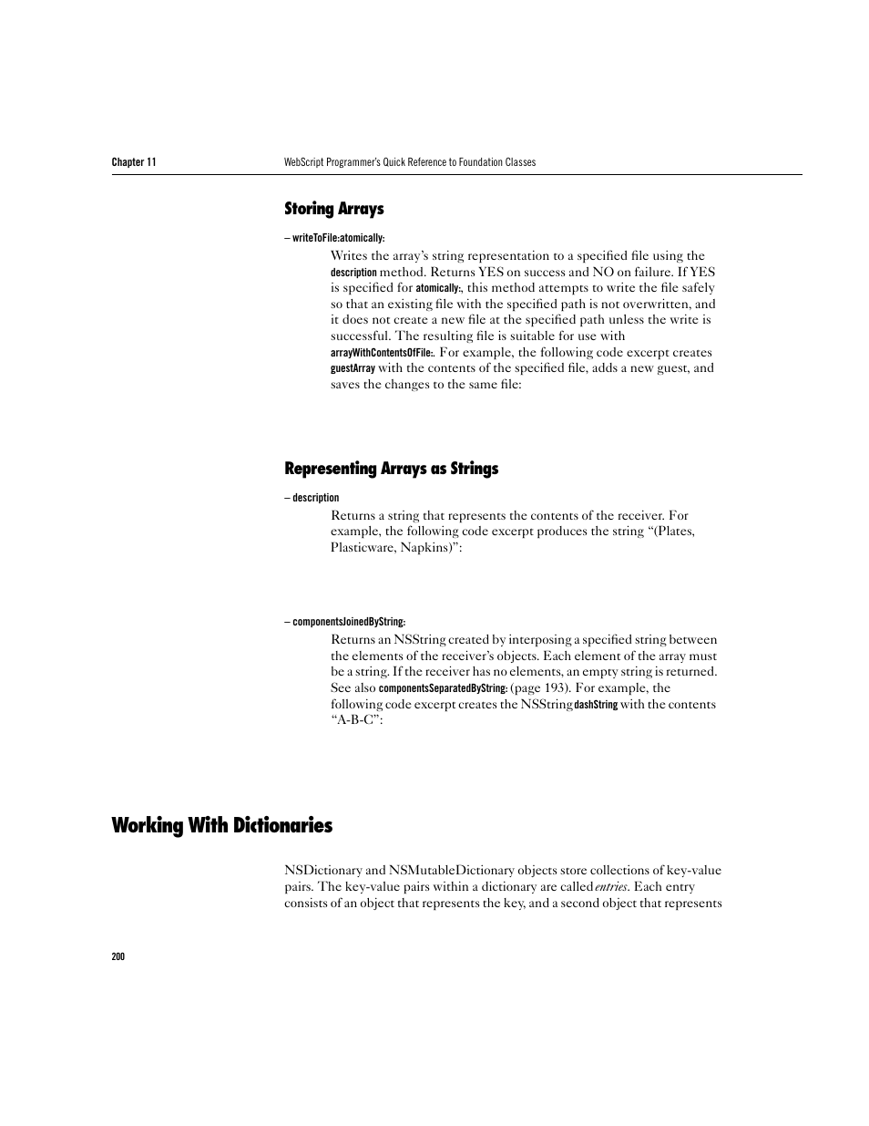 Working with dictionaries, Storing arrays, Representing arrays as strings | Apple WebObjects 3.5 User Manual | Page 200 / 218