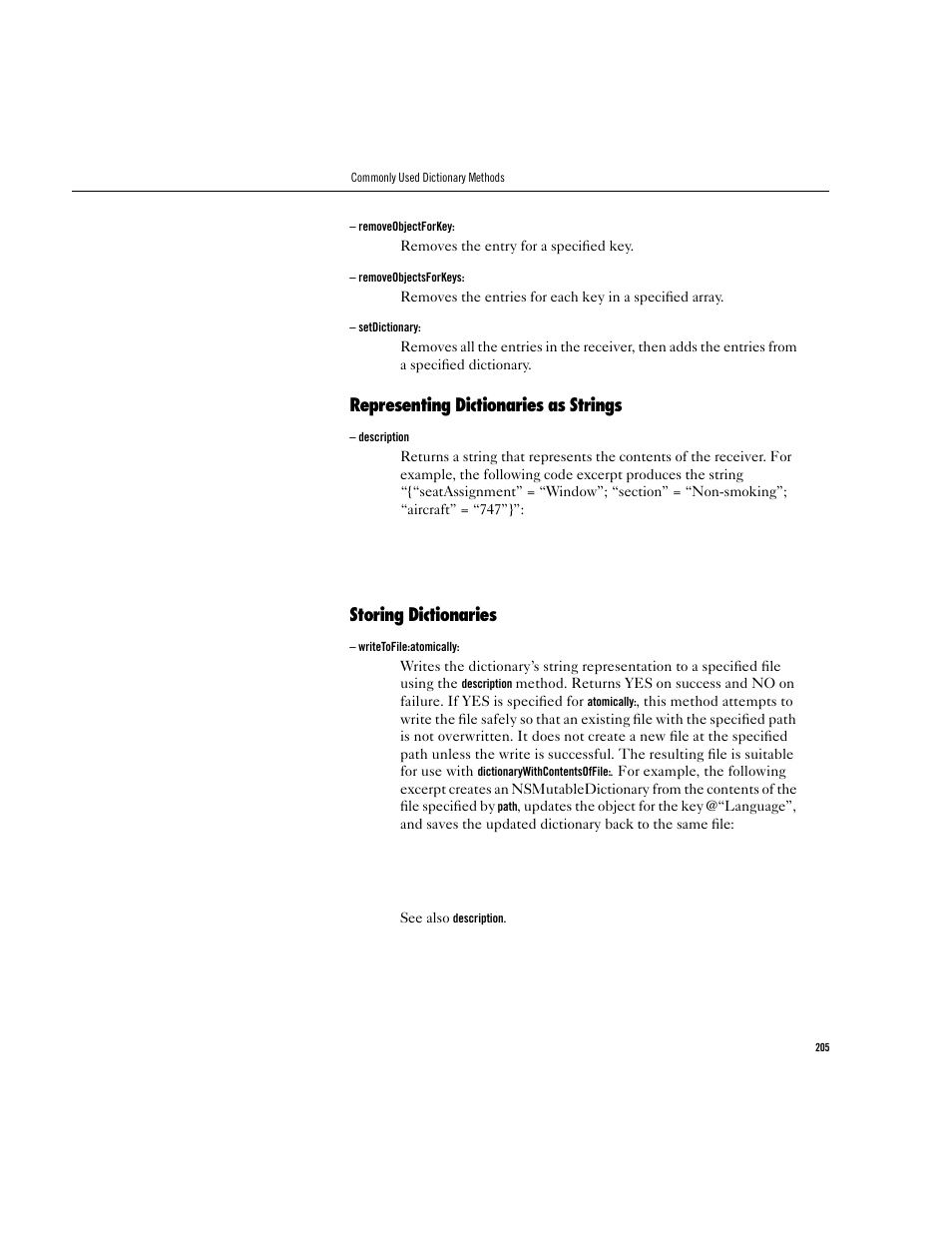 Representing dictionaries as strings, Storing dictionaries | Apple WebObjects 3.5 User Manual | Page 205 / 218