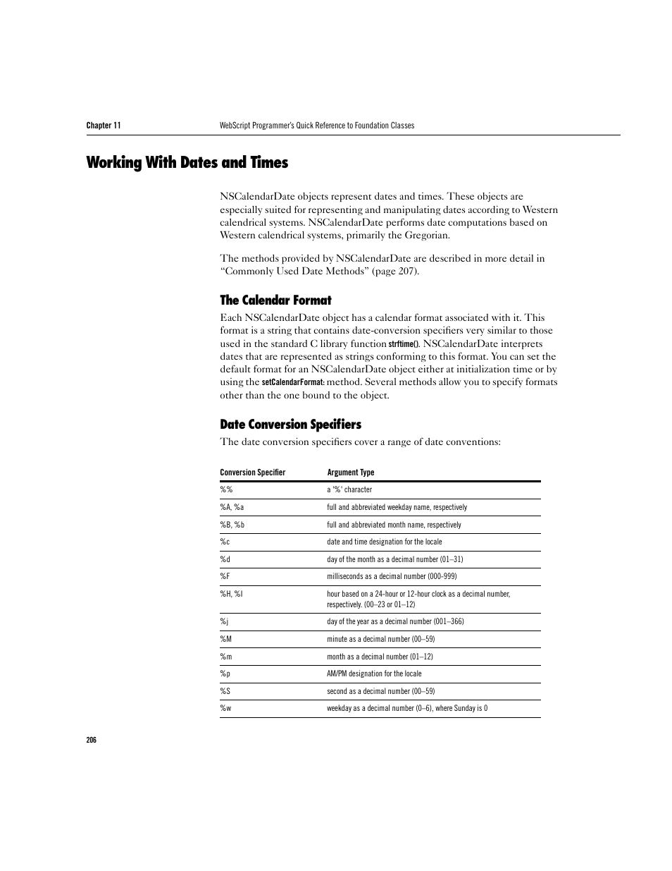 Working with dates and times, The calendar format, Date conversion speciﬁers | Apple WebObjects 3.5 User Manual | Page 206 / 218