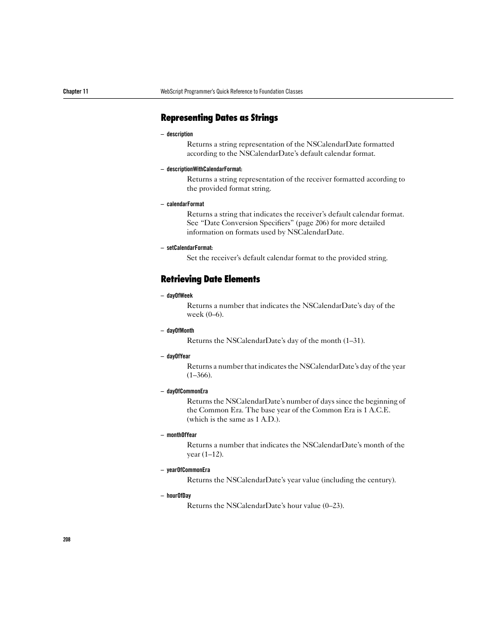 Representing dates as strings, Retrieving date elements | Apple WebObjects 3.5 User Manual | Page 208 / 218