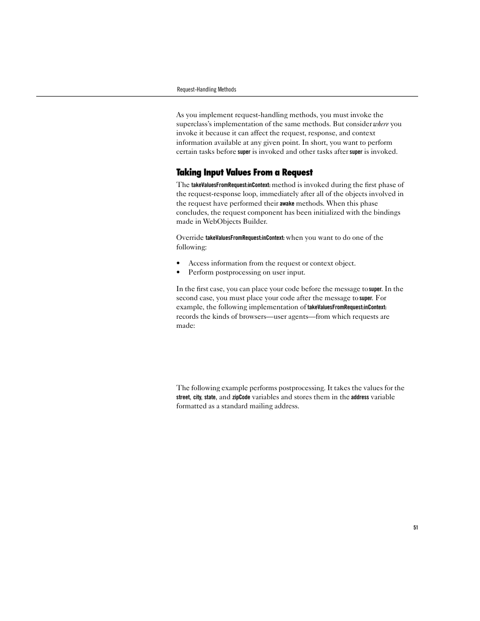 Taking input values from a request | Apple WebObjects 3.5 User Manual | Page 51 / 218