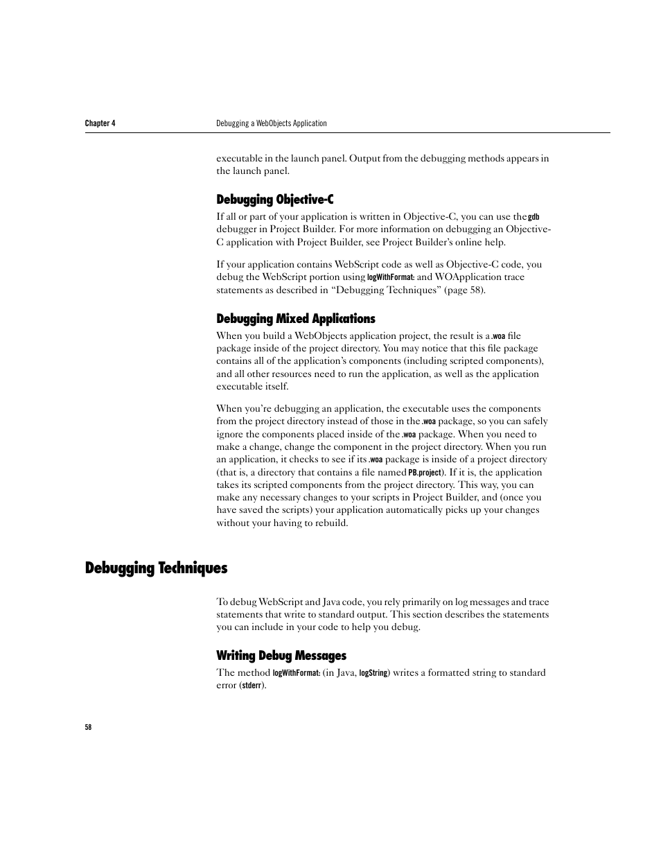 Debugging techniques, Debugging objective-c, Debugging mixed applications | Writing debug messages | Apple WebObjects 3.5 User Manual | Page 58 / 218