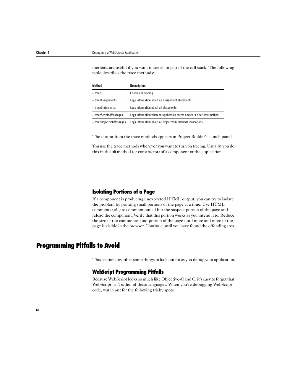 Programming pitfalls to avoid, Isolating portions of a page, Webscript programming pitfalls | Apple WebObjects 3.5 User Manual | Page 60 / 218