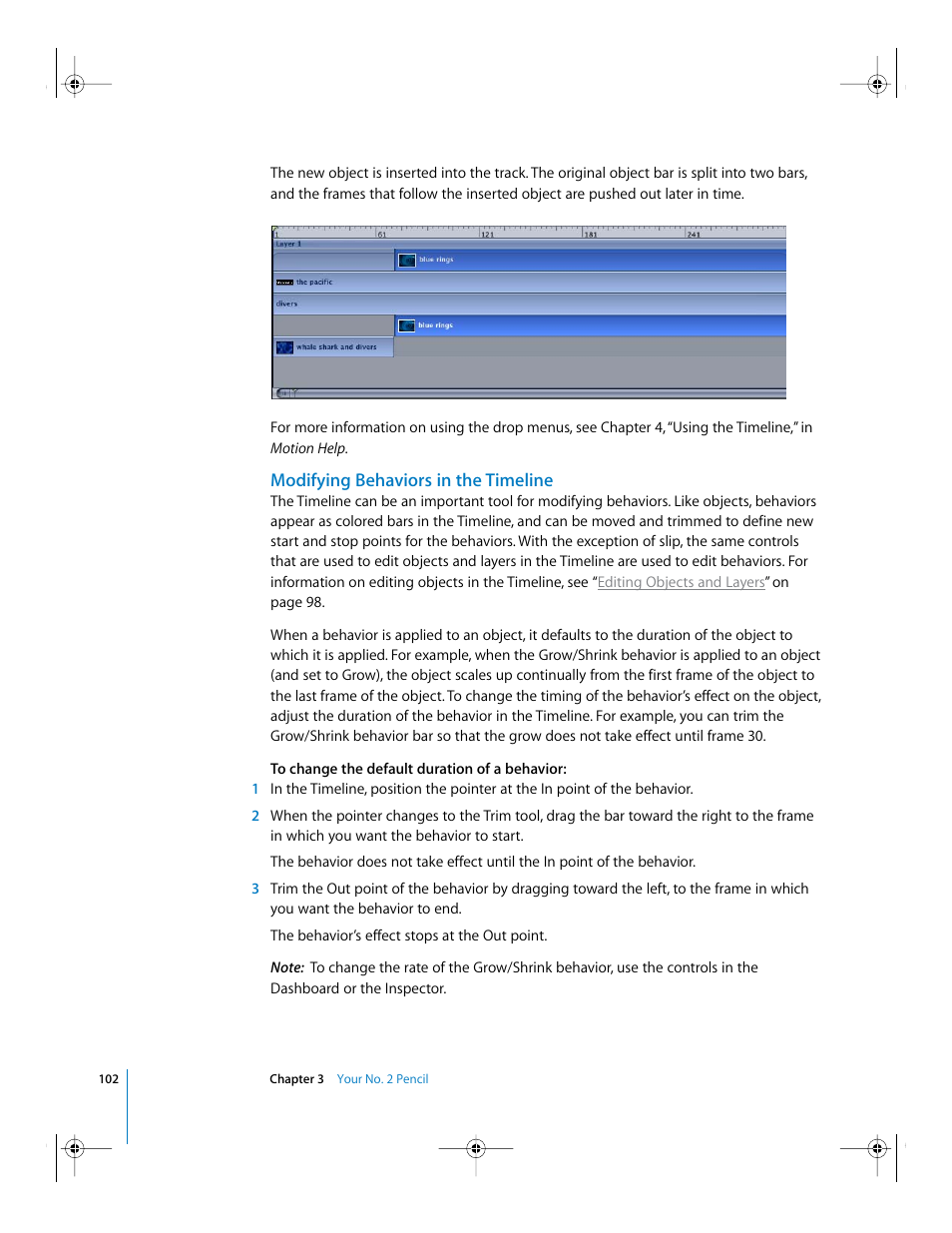 Modifying behaviors in the timeline, Modifying behaviors in the, Timeline | Apple Motion 2 Getting Started User Manual | Page 102 / 168