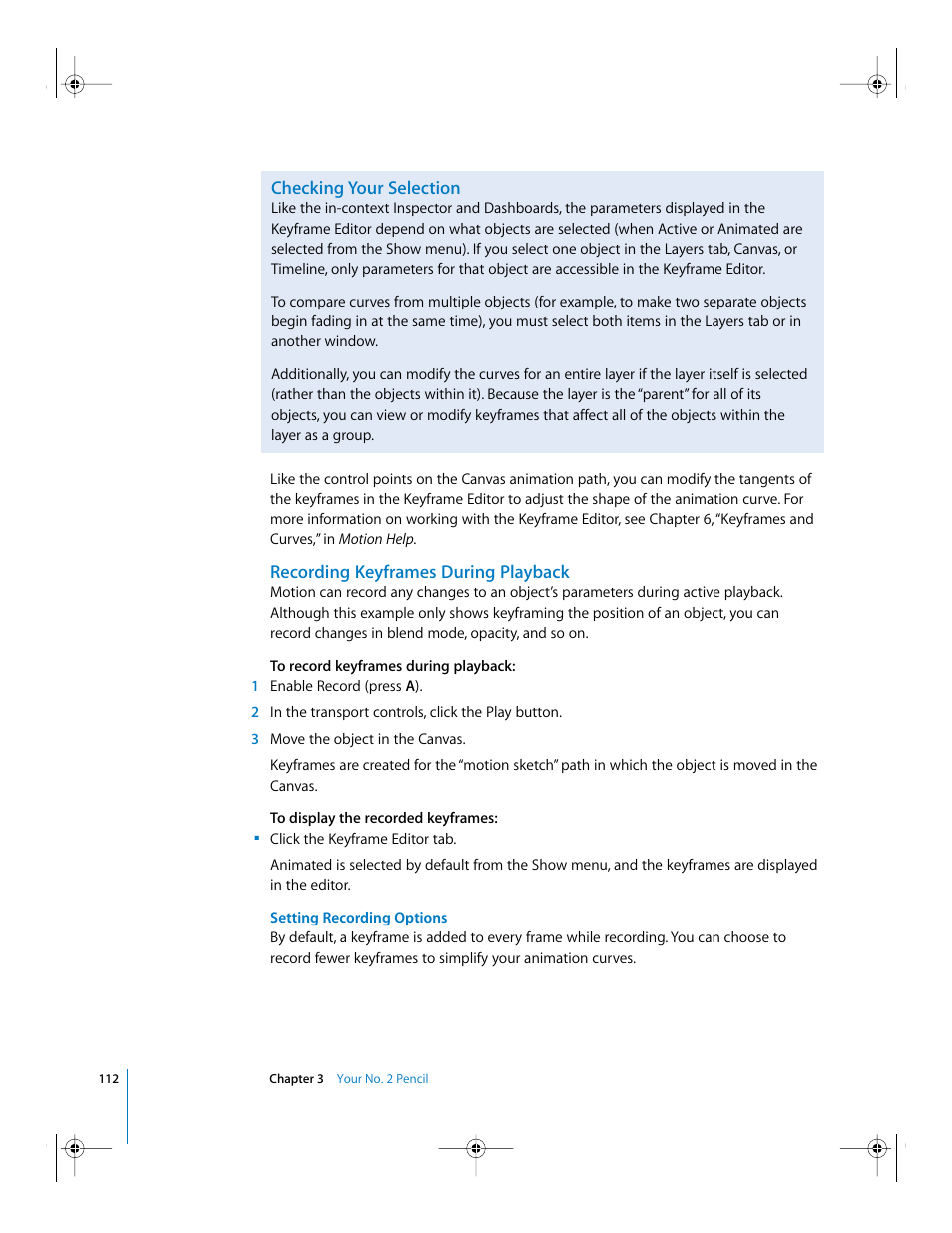 Checking your selection, Recording keyframes during playback, Setting recording options | Apple Motion 2 Getting Started User Manual | Page 112 / 168