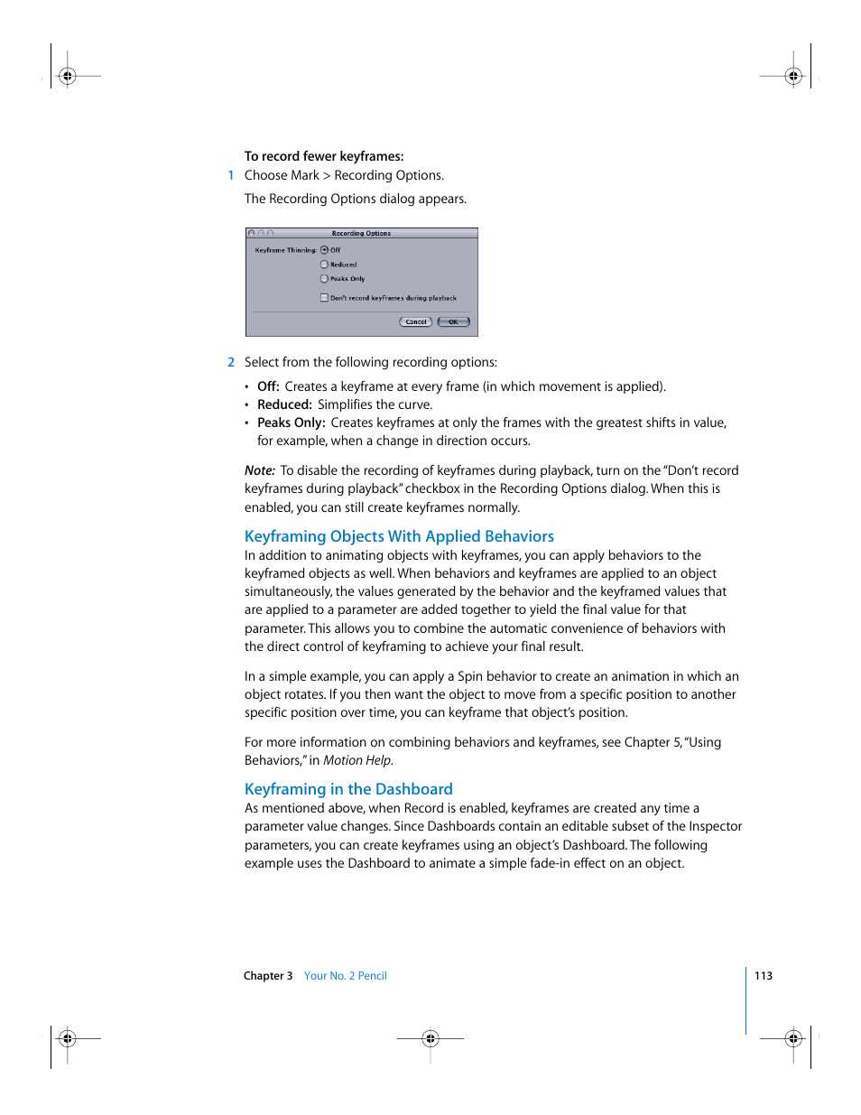 Keyframing objects with applied behaviors, Keyframing in the dashboard, Keyframing in the | Dashboard | Apple Motion 2 Getting Started User Manual | Page 113 / 168