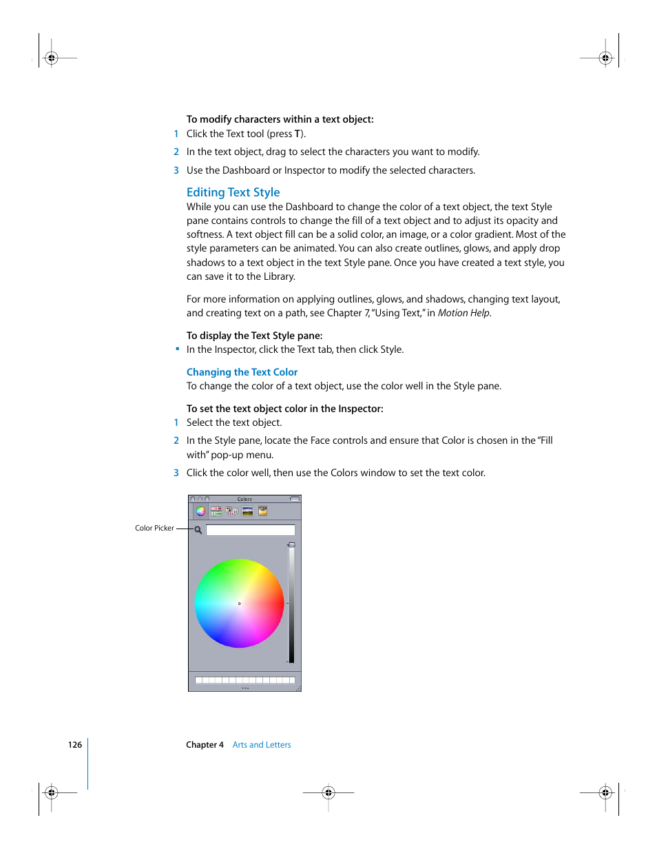 Editing text style, Changing the text color | Apple Motion 2 Getting Started User Manual | Page 126 / 168