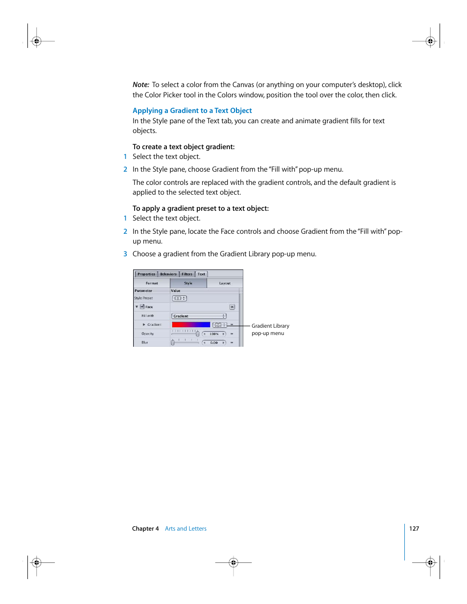 Applying a gradient to a text object | Apple Motion 2 Getting Started User Manual | Page 127 / 168