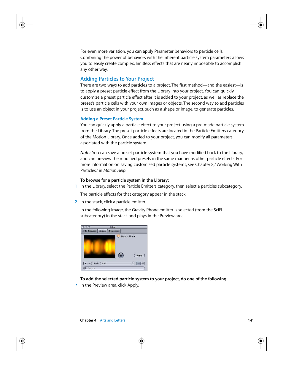 Adding particles to your project, Adding a preset particle system | Apple Motion 2 Getting Started User Manual | Page 141 / 168