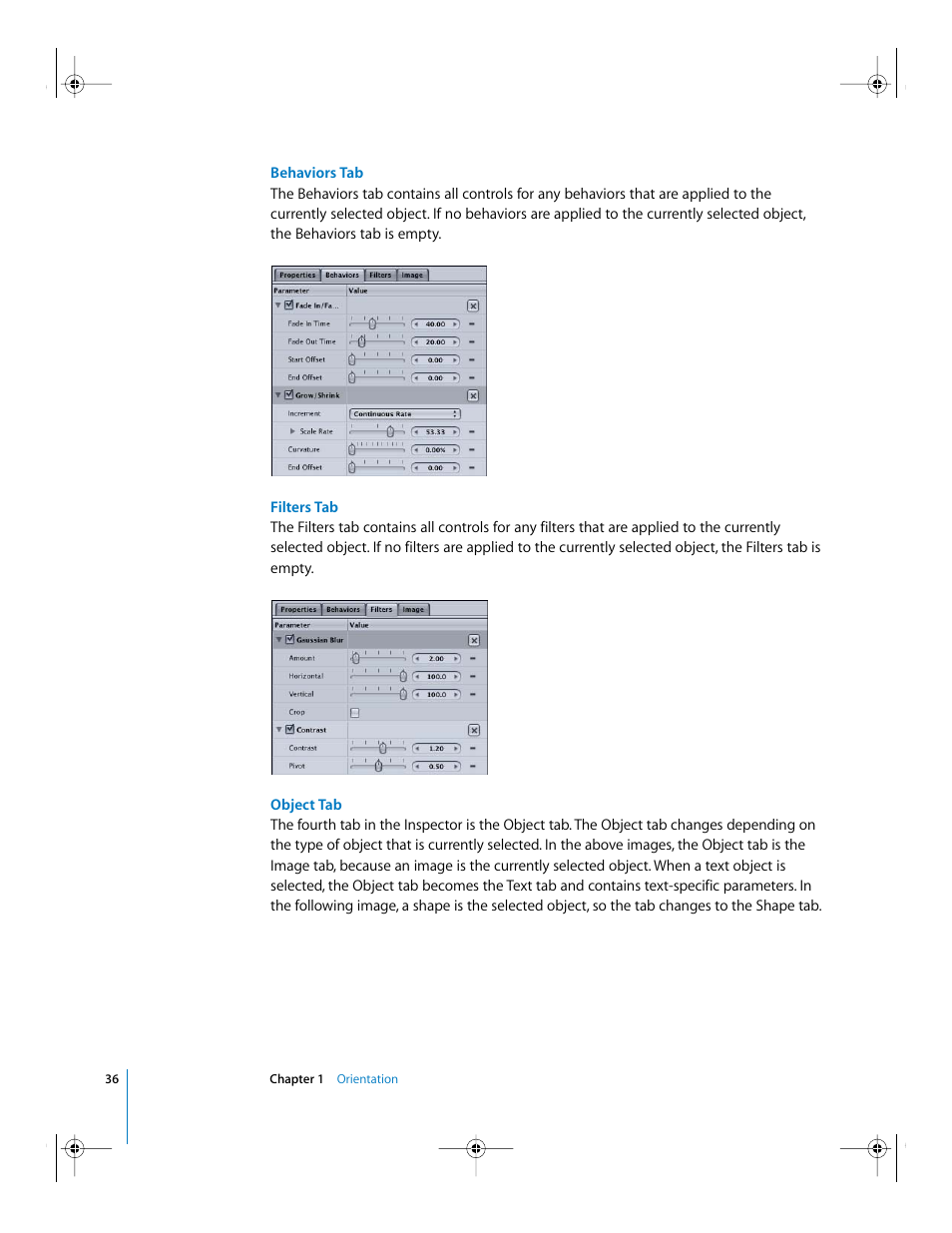 Behaviors tab, Filters tab, Object tab | Apple Motion 2 Getting Started User Manual | Page 36 / 168