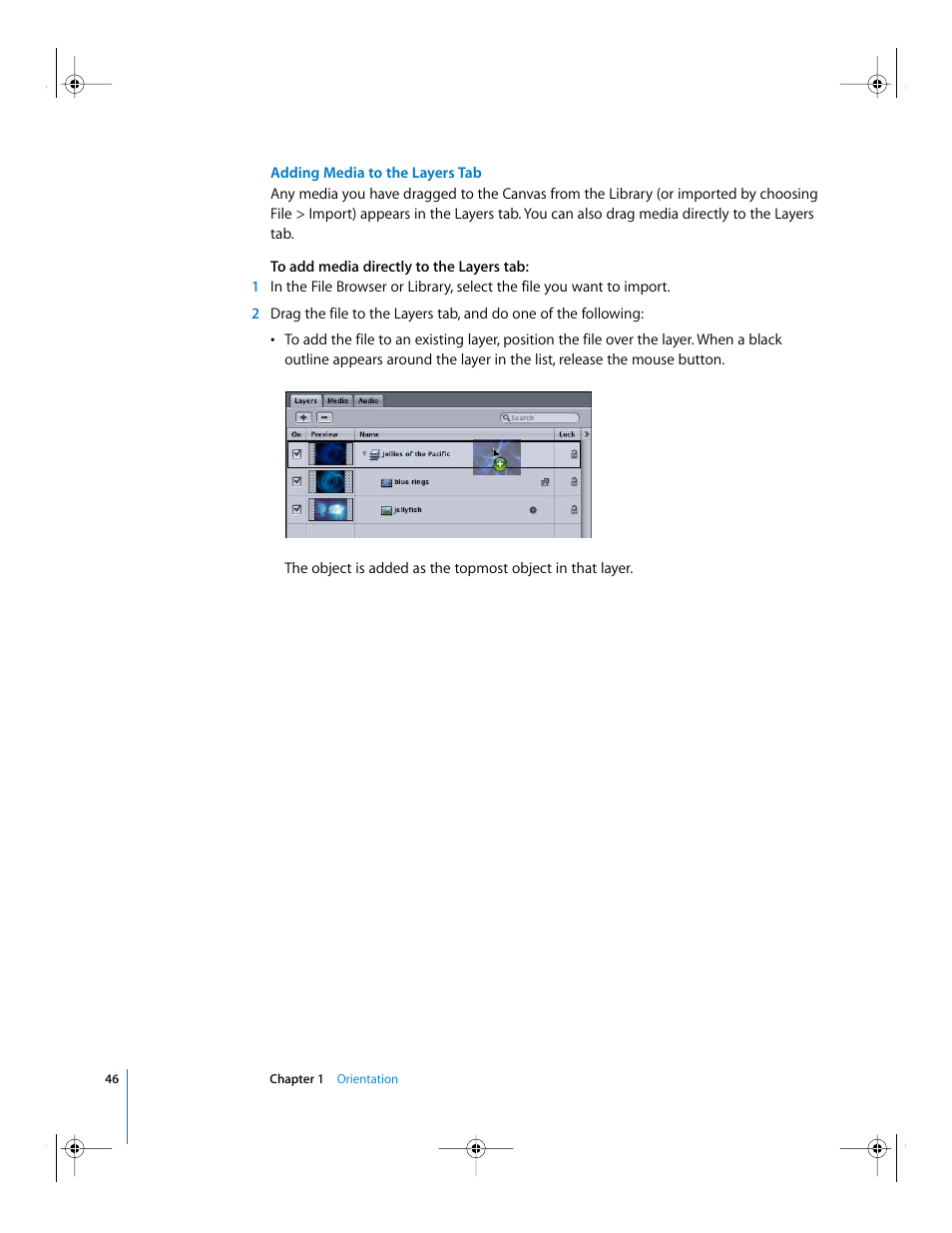 Adding media to the layers tab | Apple Motion 2 Getting Started User Manual | Page 46 / 168