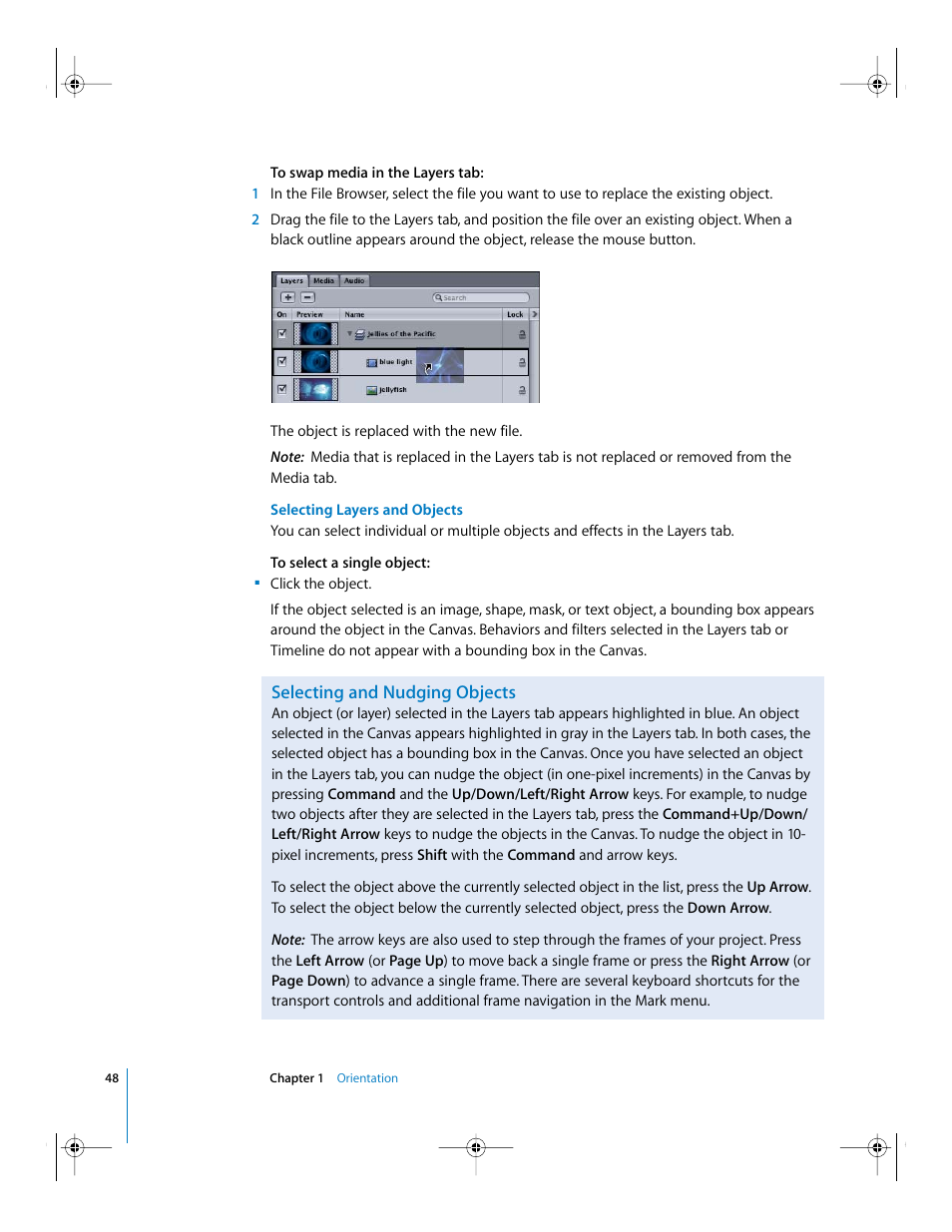 Selecting layers and objects, Selecting and nudging objects | Apple Motion 2 Getting Started User Manual | Page 48 / 168