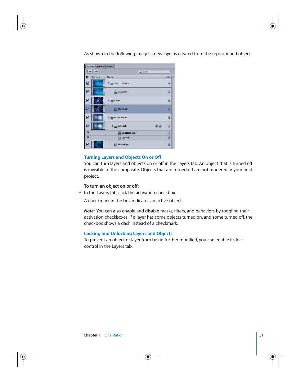 Turning layers and objects on or off, Locking and unlocking layers and objects | Apple Motion 2 Getting Started User Manual | Page 51 / 168