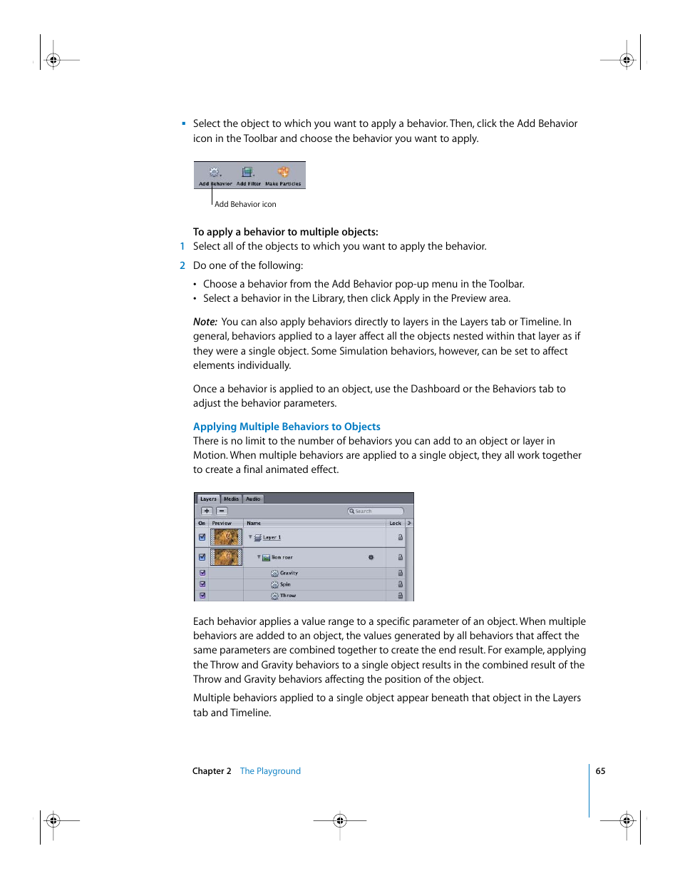 Applying multiple behaviors to objects | Apple Motion 2 Getting Started User Manual | Page 65 / 168