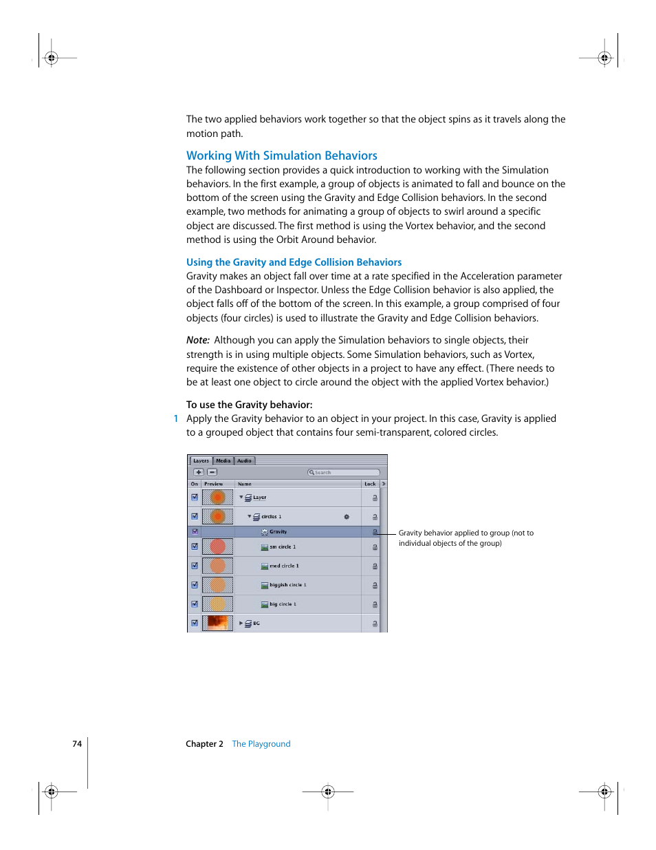 Working with simulation behaviors, Using the gravity and edge collision behaviors | Apple Motion 2 Getting Started User Manual | Page 74 / 168