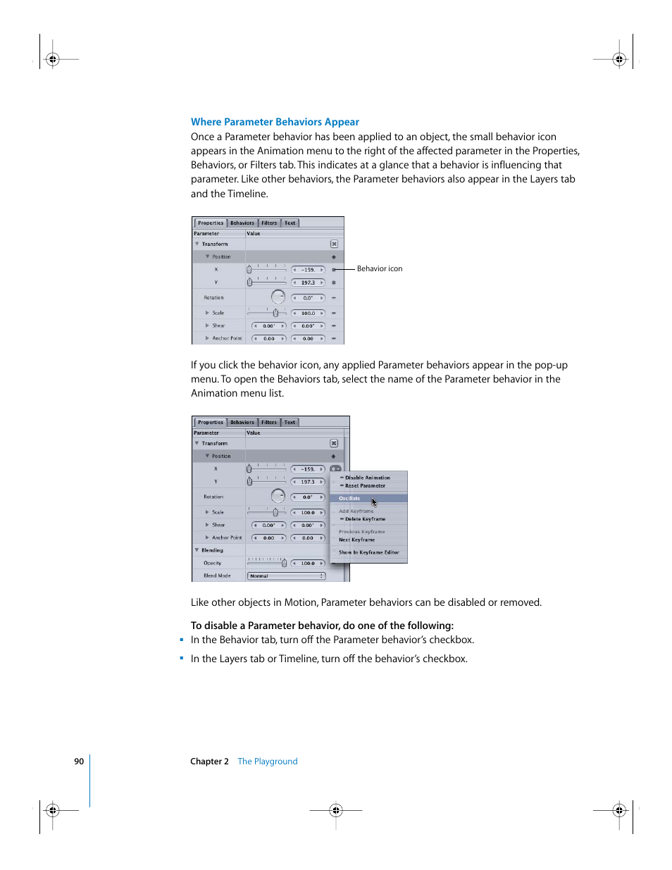 Where parameter behaviors appear, Where parameter behaviors, Appear | Apple Motion 2 Getting Started User Manual | Page 90 / 168