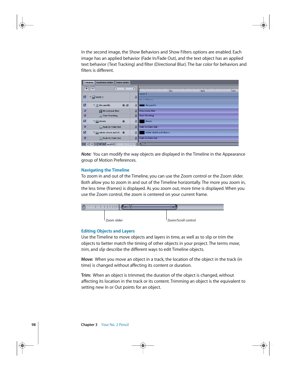 Navigating the timeline, Editing objects and layers | Apple Motion 2 Getting Started User Manual | Page 98 / 168