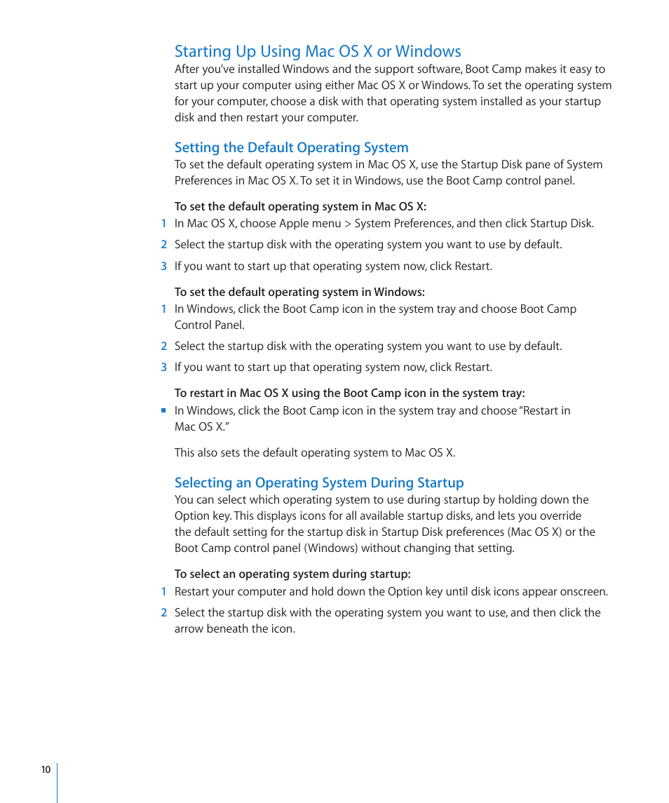 Starting up using mac os x or windows, Setting the default operating system, Selecting an operating system during startup | Apple Boot Camp MacBook Air (Late 2010) User Manual | Page 10 / 12