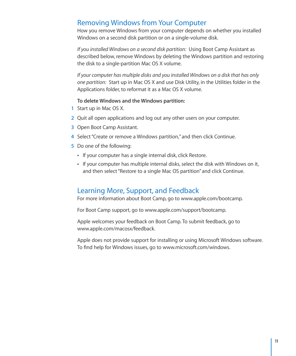 Removing windows from your computer, Learning more, support, and feedback | Apple Boot Camp MacBook Air (Late 2010) User Manual | Page 11 / 12