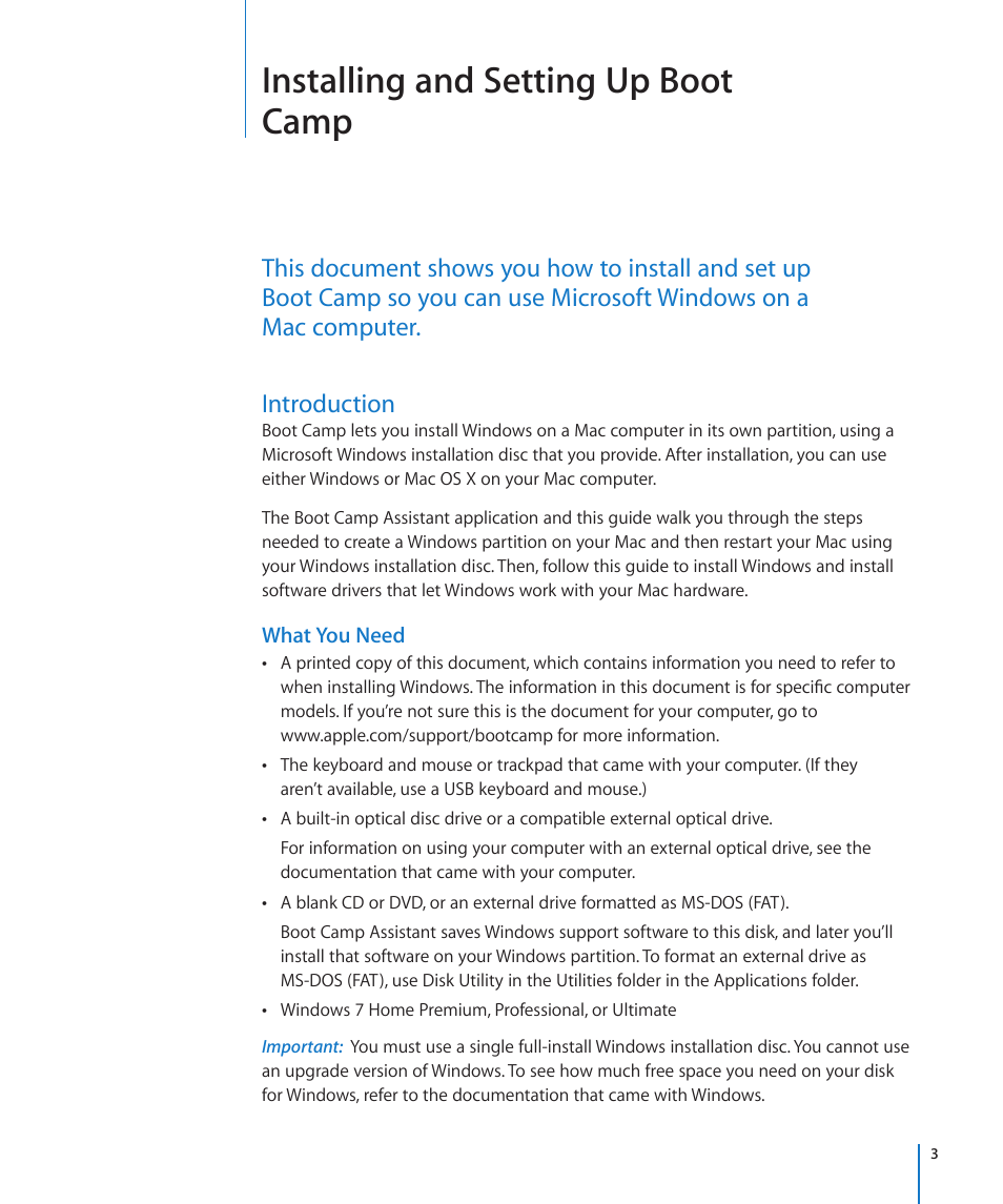 Introduction, What you need, Installing and setting up boot camp | Apple Boot Camp MacBook Air (Late 2010) User Manual | Page 3 / 12