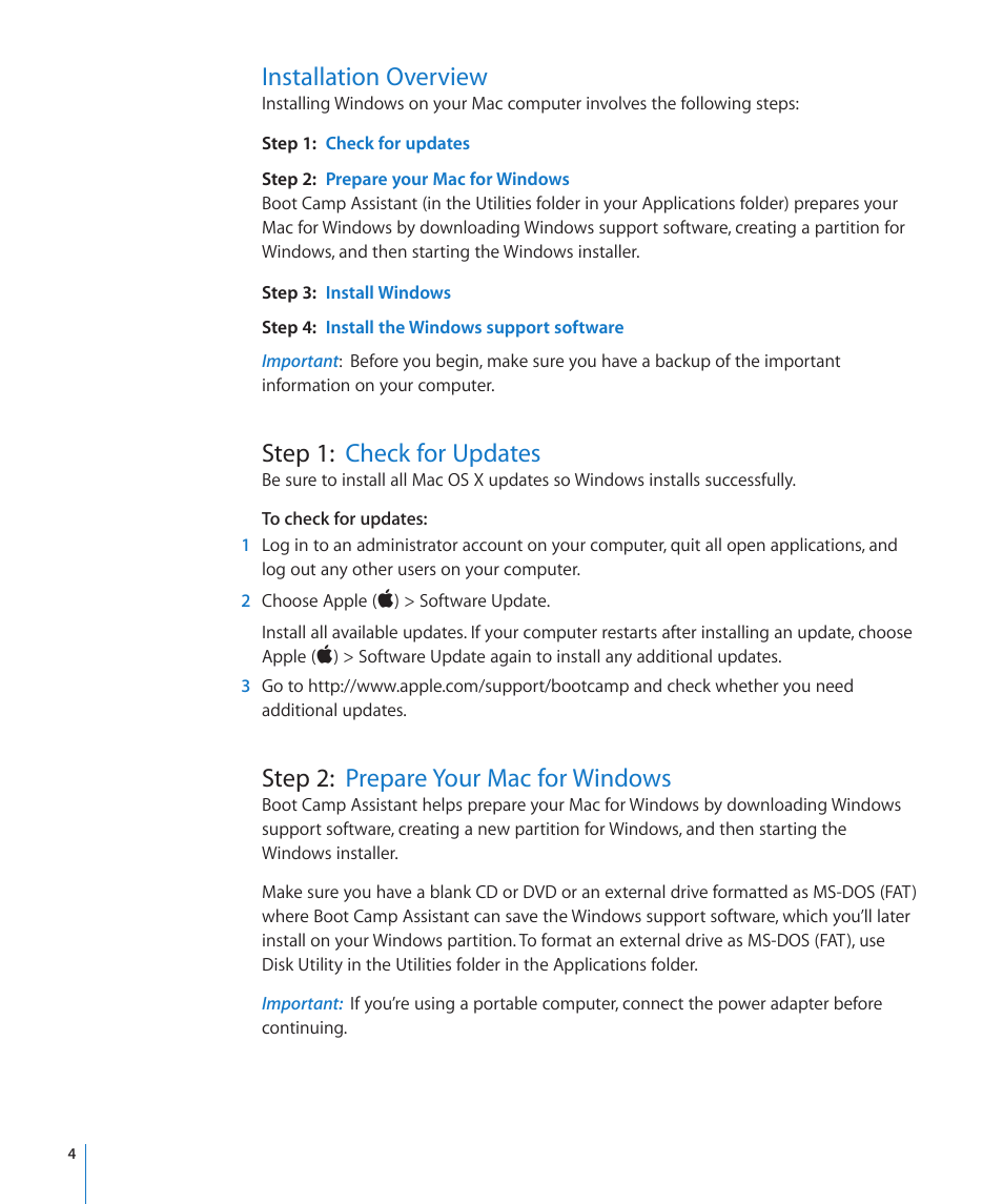 Installation overview, Step 1: check for updates, Step 2: prepare your mac for windows | Step 3: install windows, Step 4: install the windows support software | Apple Boot Camp MacBook Air (Late 2010) User Manual | Page 4 / 12