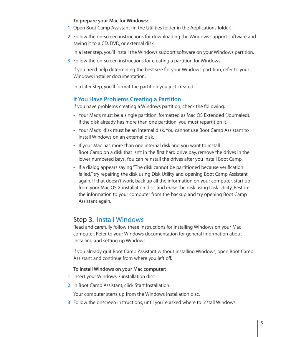 If you have problems creating a partition, Step 3: install windows | Apple Boot Camp MacBook Air (Late 2010) User Manual | Page 5 / 12