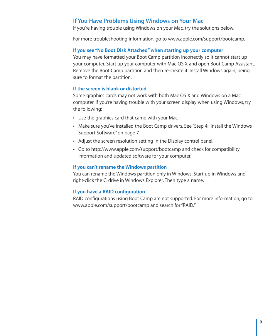 If you have problems using windows on your mac, If the screen is blank or distorted, If you can’t rename the windows partition | If you have a raid configuration | Apple Boot Camp MacBook Air (Late 2010) User Manual | Page 9 / 12