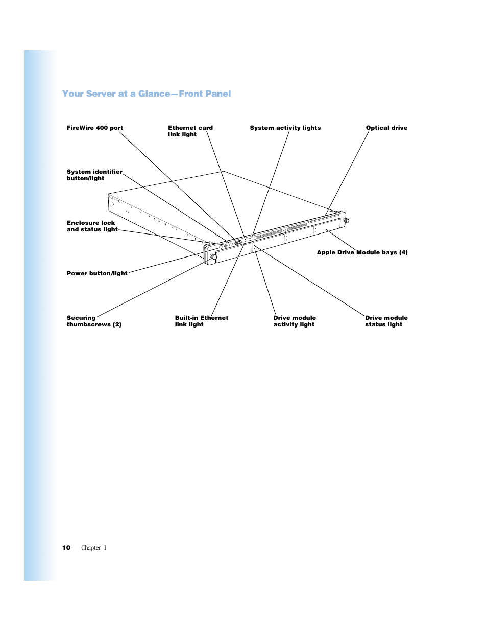 Your server at a glance—front panel, Your server at a glance—front panel 10 | Apple Xserve (Slot Load) User Manual | Page 10 / 88
