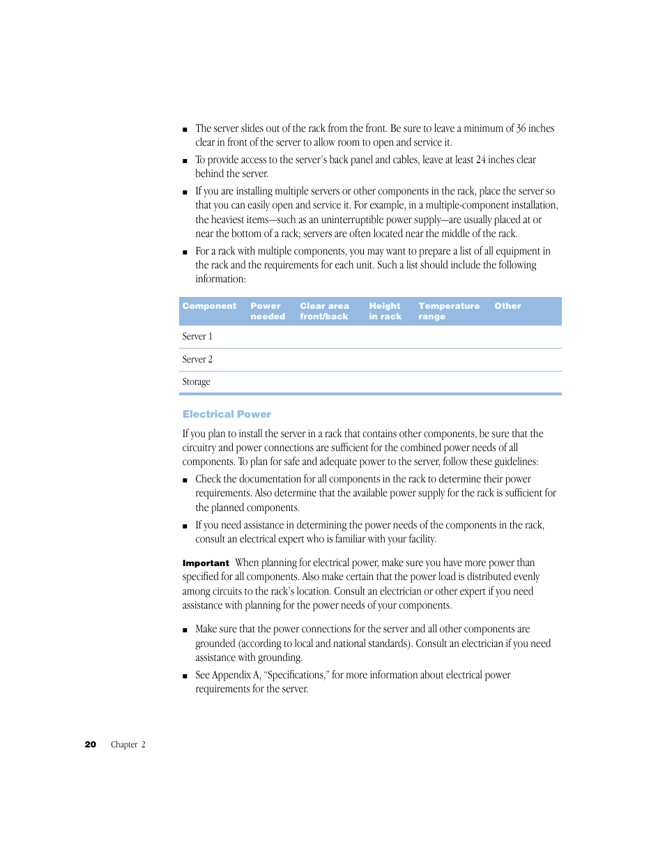 Electrical power, Electrical power 20 | Apple Xserve (Slot Load) User Manual | Page 20 / 88