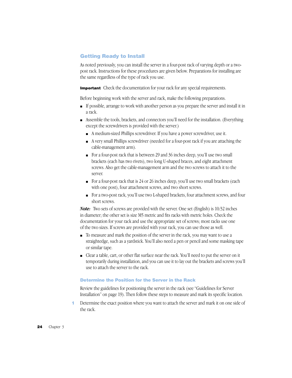 Getting ready to install, Determine the position for the server in the rack, Getting ready to install 24 | Apple Xserve (Slot Load) User Manual | Page 24 / 88