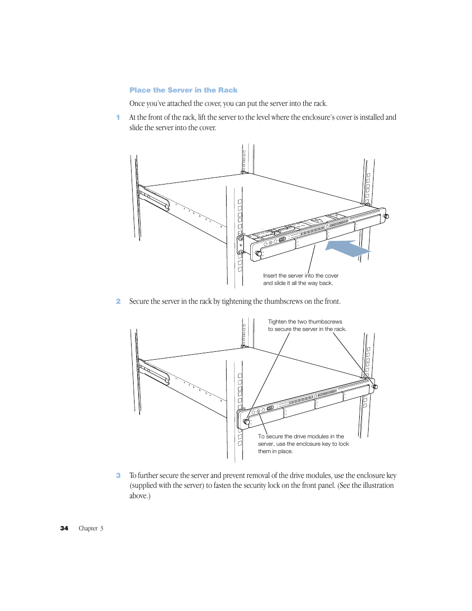 Place the server in the rack, Place the server in the rack 34 | Apple Xserve (Slot Load) User Manual | Page 34 / 88