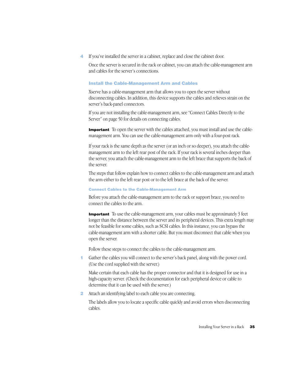 Install the cable-management arm and cables, Install the cable-management arm and cables 35 | Apple Xserve (Slot Load) User Manual | Page 35 / 88