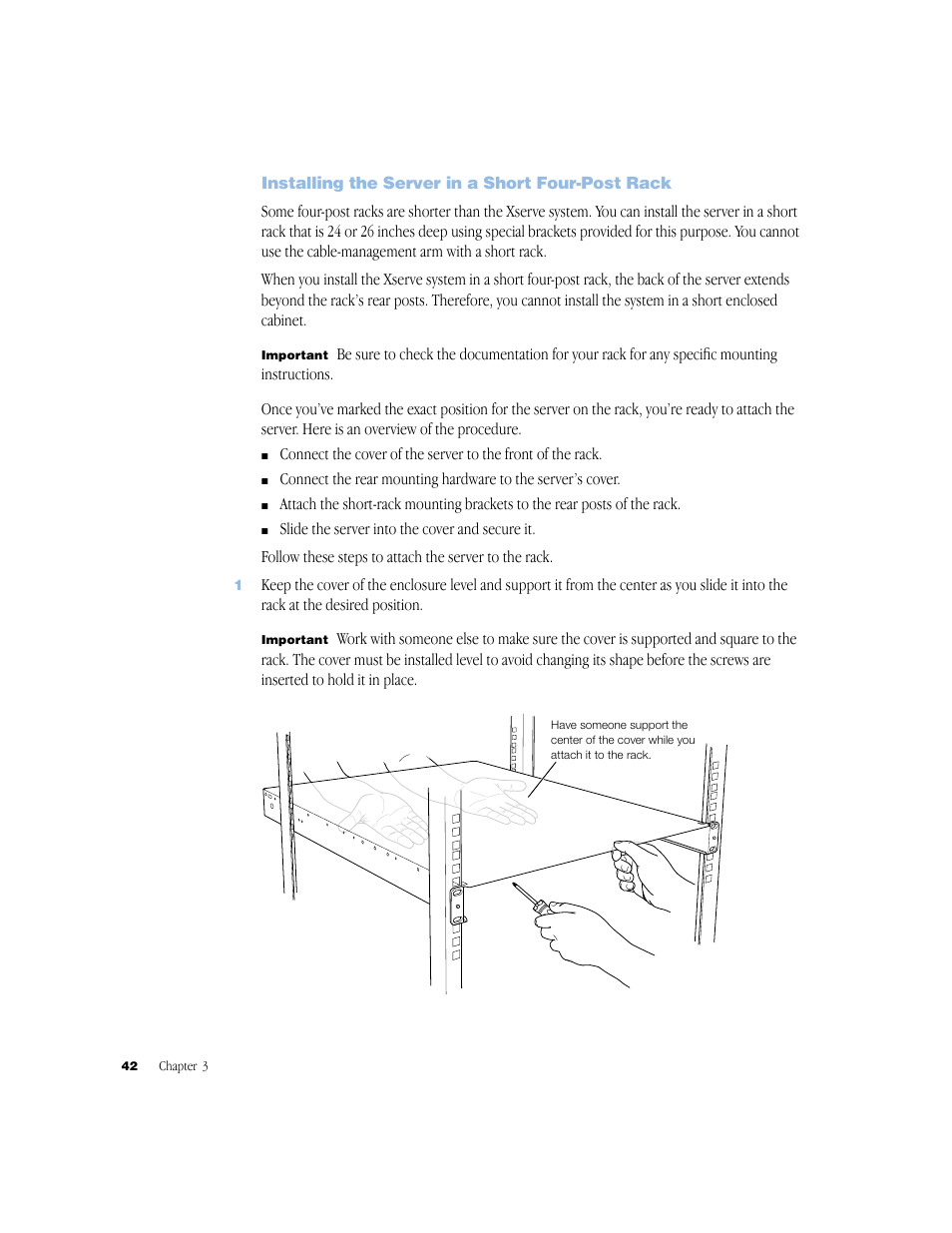 Installing the server in a short four-post rack, Installing the server in a short four-post rack 42 | Apple Xserve (Slot Load) User Manual | Page 42 / 88