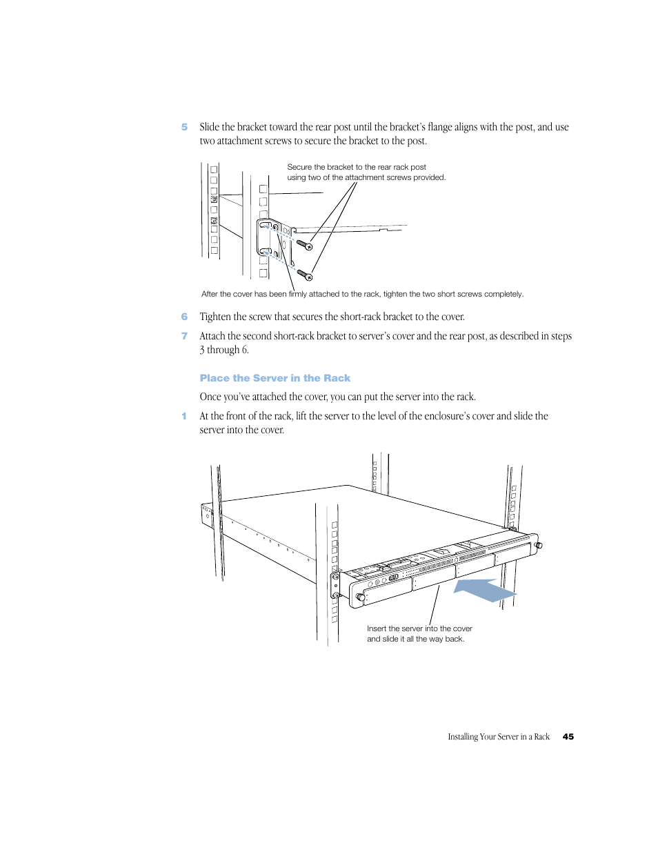 Place the server in the rack, Place the server in the rack 45 | Apple Xserve (Slot Load) User Manual | Page 45 / 88
