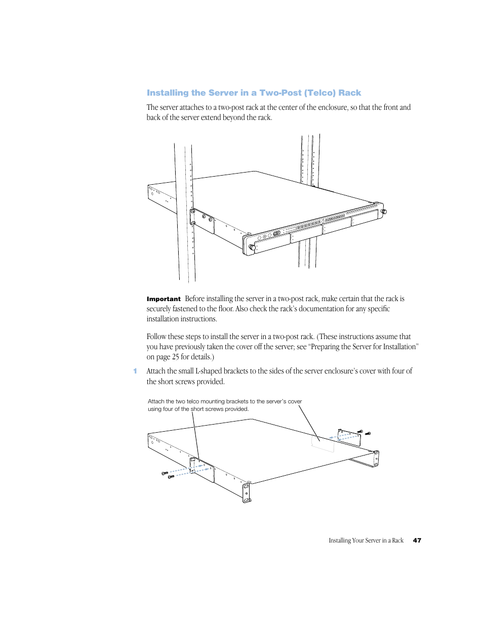 Installing the server in a two-post (telco) rack | Apple Xserve (Slot Load) User Manual | Page 47 / 88