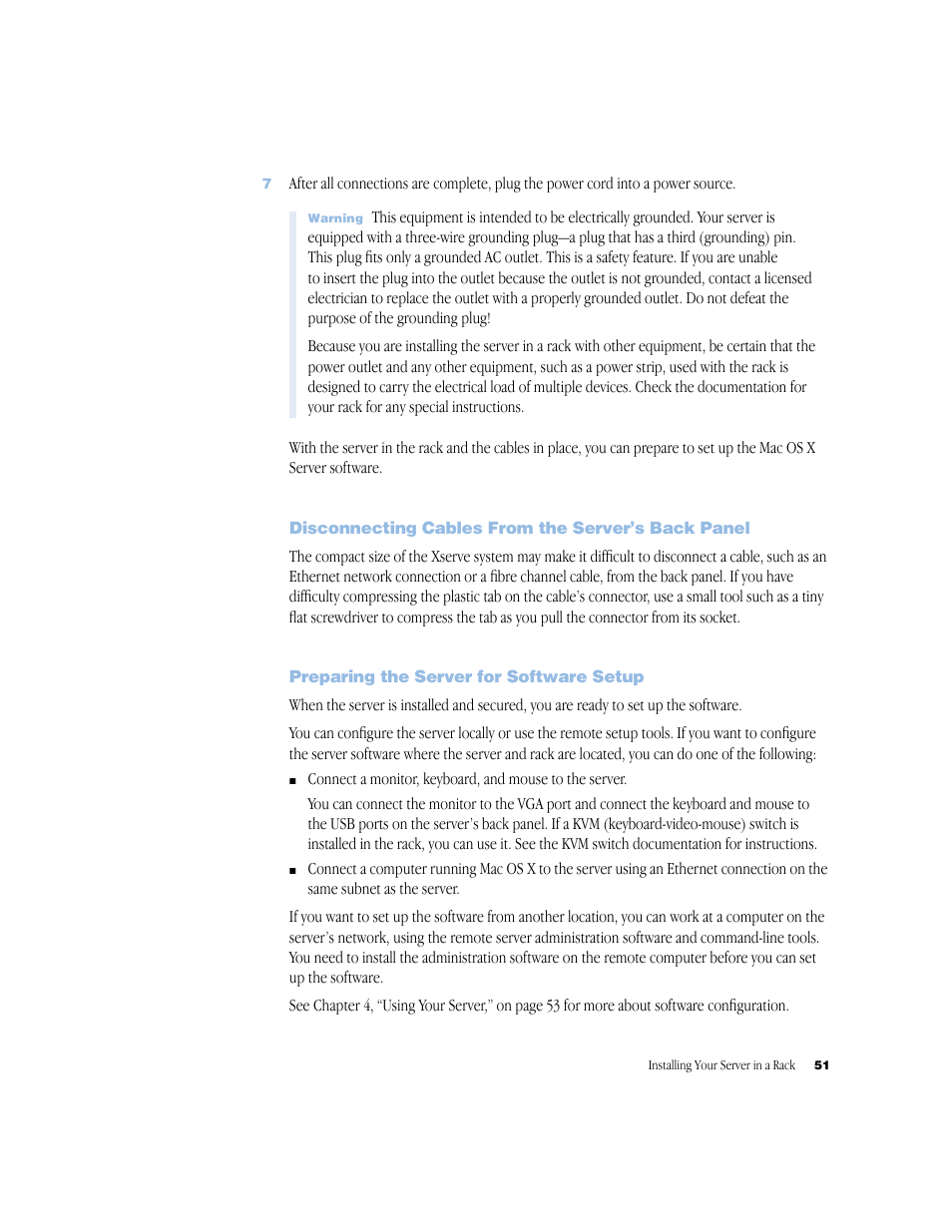 Disconnecting cables from the server’s back panel, Preparing the server for software setup, Preparing the server for software setup 51 | Apple Xserve (Slot Load) User Manual | Page 51 / 88