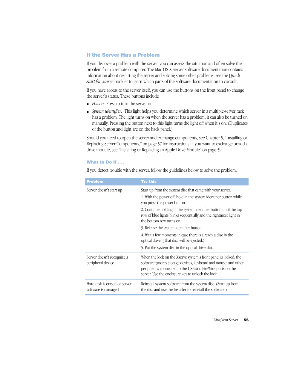 If the server has a problem, What to do if, If the server has a problem 55 | Apple Xserve (Slot Load) User Manual | Page 55 / 88