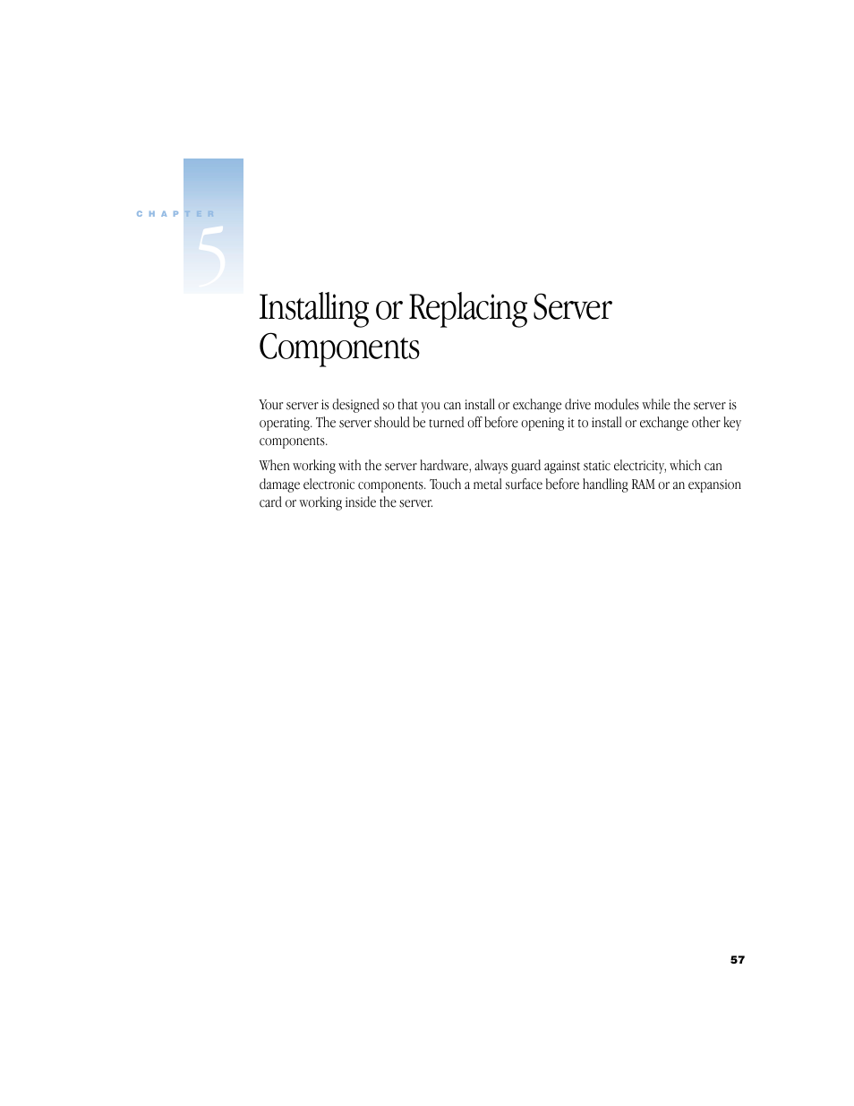 Installing or replacing server components, Installing or replacing server components 57 | Apple Xserve (Slot Load) User Manual | Page 57 / 88