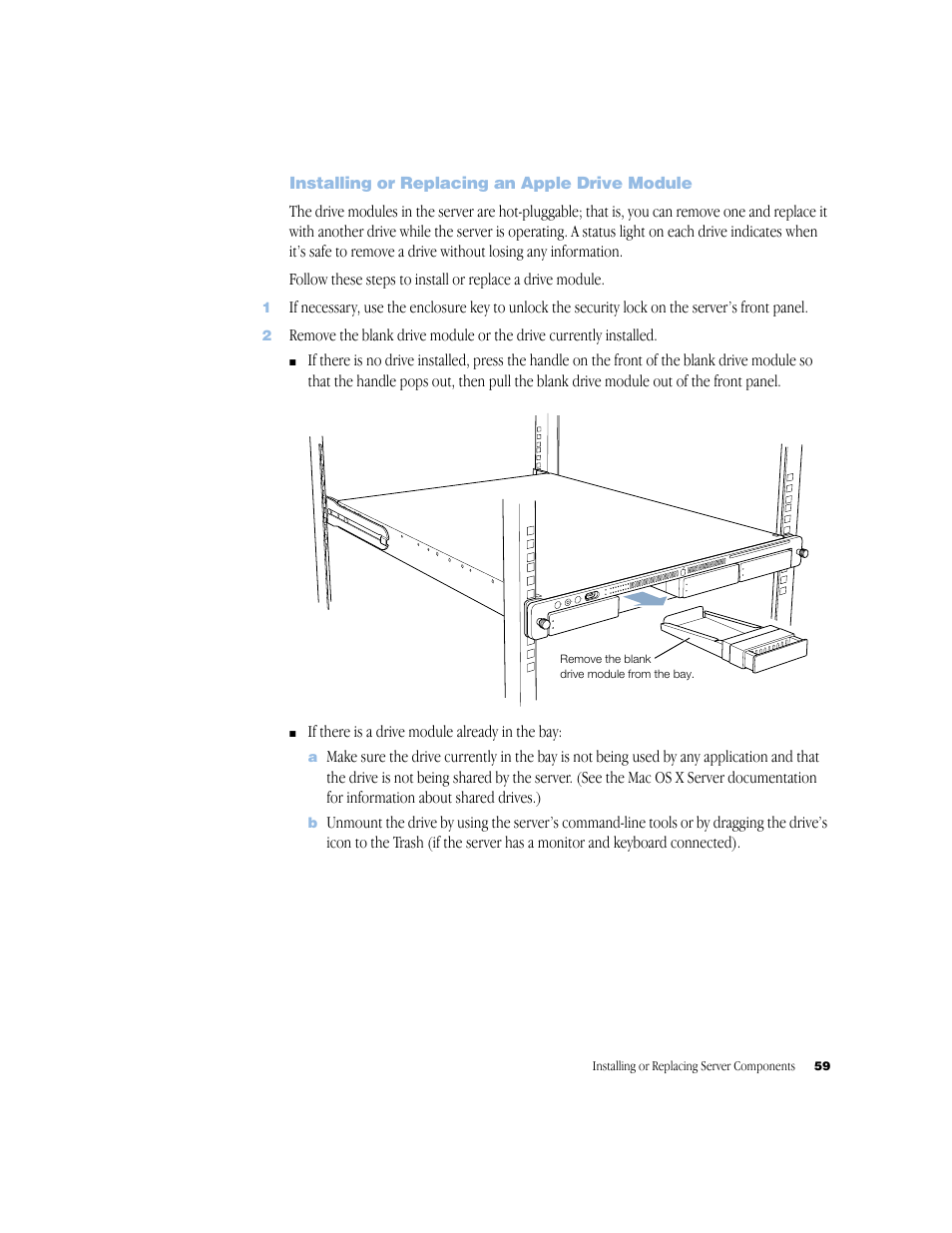 Installing or replacing an apple drive module, Installing or replacing an apple drive module 59 | Apple Xserve (Slot Load) User Manual | Page 59 / 88