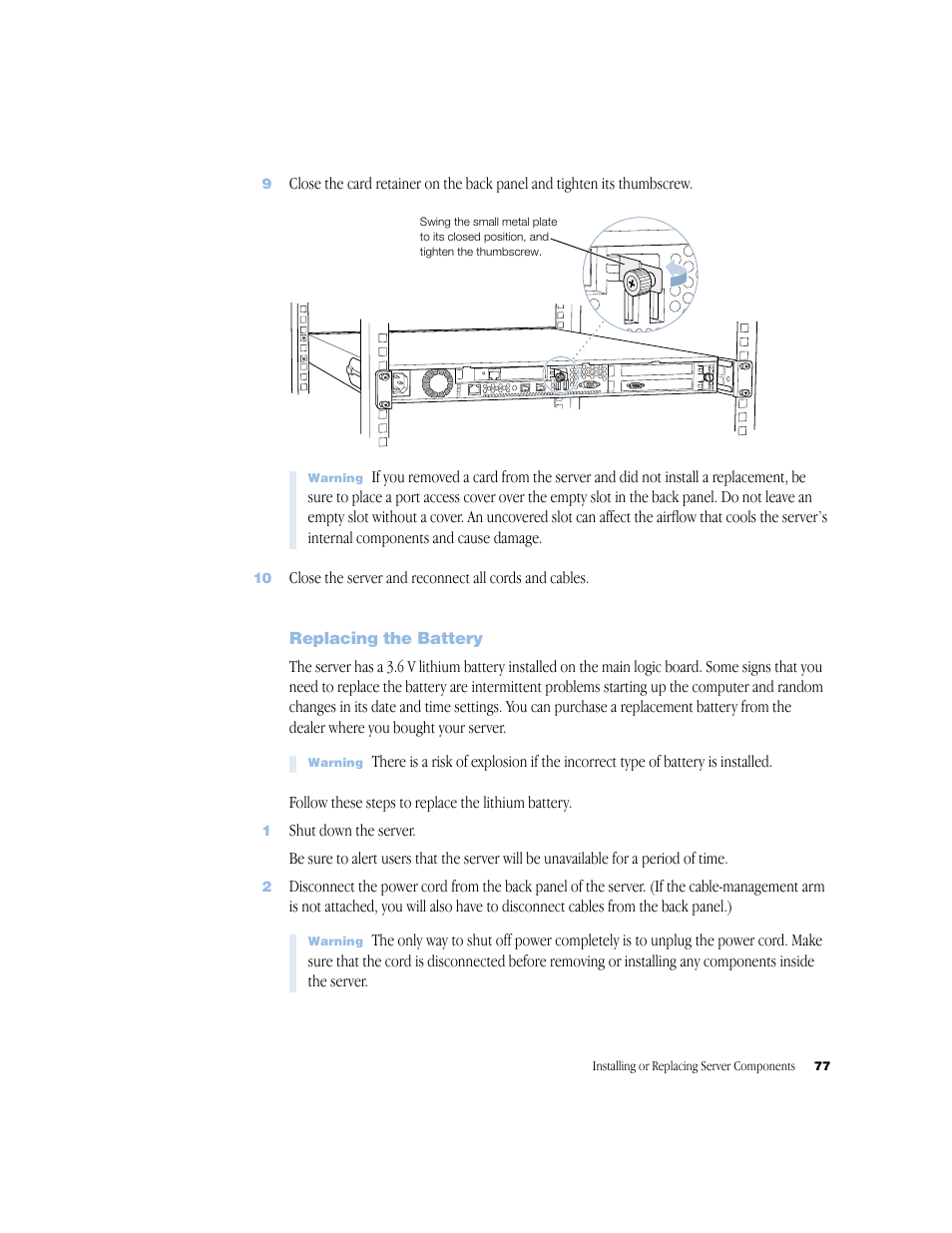 Replacing the battery, Replacing the battery 77 | Apple Xserve (Slot Load) User Manual | Page 77 / 88