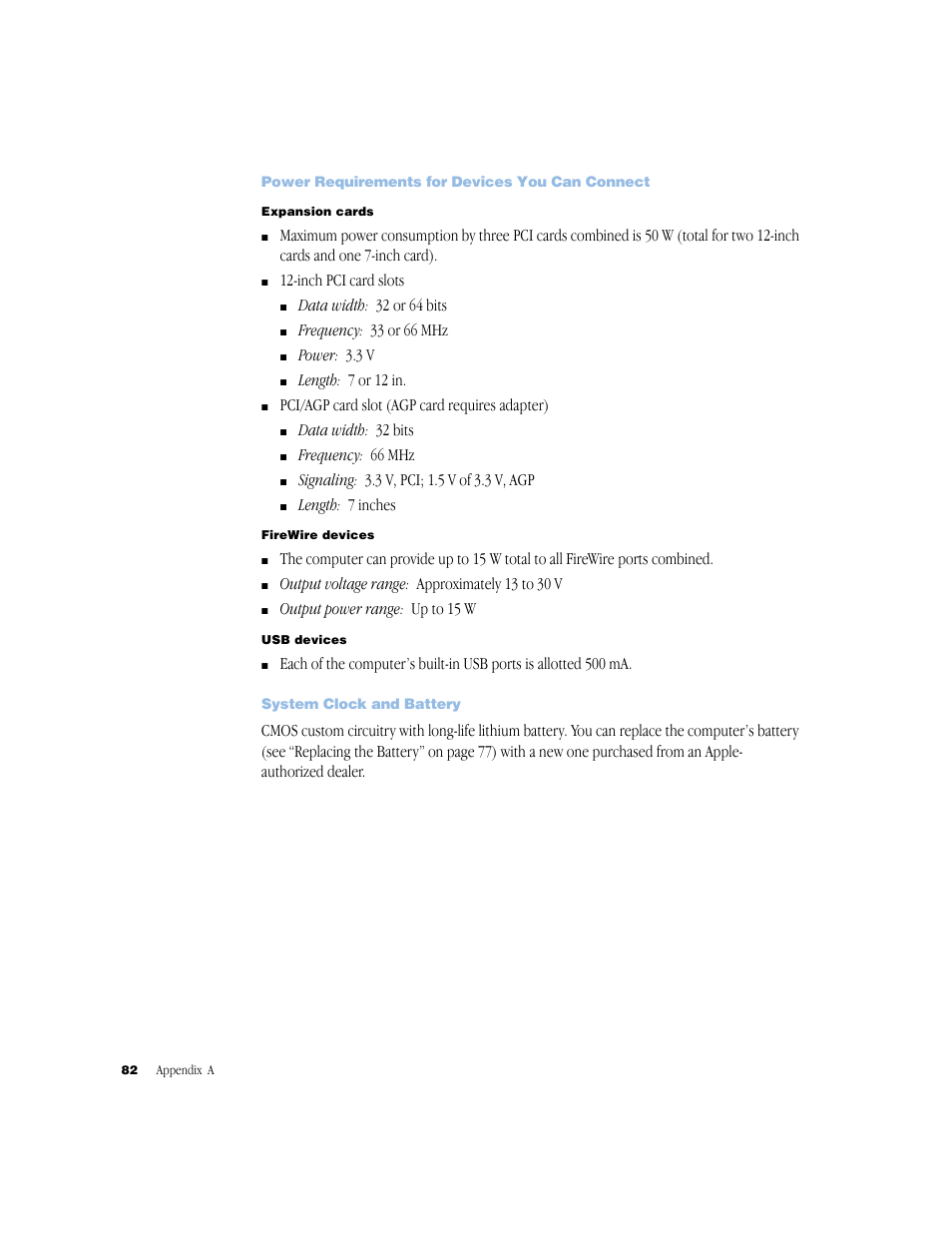 Power requirements for devices you can connect, System clock and battery, Power requirements for devices you can connect 82 | System clock and battery 82 | Apple Xserve (Slot Load) User Manual | Page 82 / 88